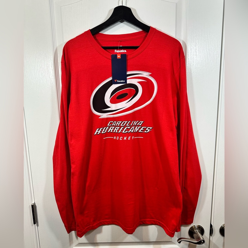 Fanatics Red Carolina Hurricanes Logo Crewneck Long Sleeve Tee-Shirt, Size:Large